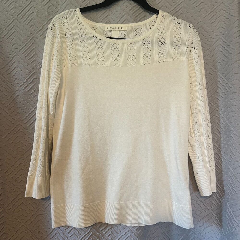 Emaline Pointelle Knit 3/4 Sleeve Sweater Sz M Cream Lightweight Elevated Basic